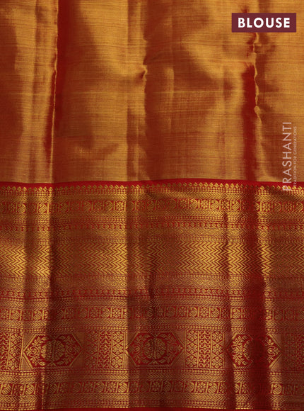 Pure kanchipuram tissue silk saree dual shade of golden red and red with allover silver zari woven brocade weaves and long rich zari woven border
