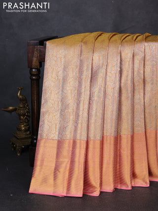 Pure kanchipuram tissue silk saree dual shade of peach with allover zari woven brocade weaves and rich zari woven border