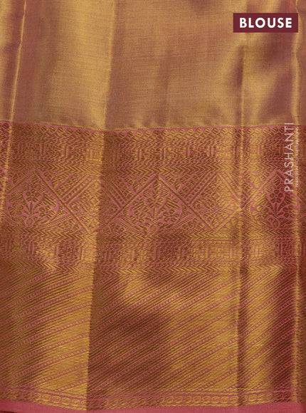 Pure kanchipuram tissue silk saree dual shade of peach with allover zari woven brocade weaves and rich zari woven border