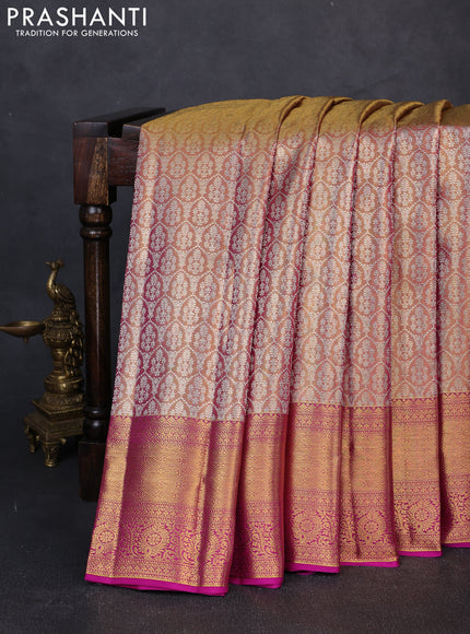 Pure kanchipuram tissue silk saree dual shade of golden pink and magenta pink with allover zari woven brocade weaves and rich zari woven border