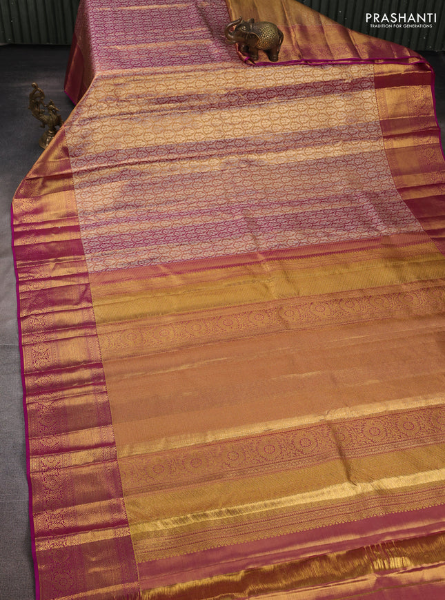 Pure kanchipuram tissue silk saree dual shade of golden pink and magenta pink with allover zari woven brocade weaves and rich zari woven border