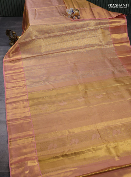 Pure kanchipuram tissue silk saree dual shade of peach with allover zari woven brocade weaves and rich zari woven border
