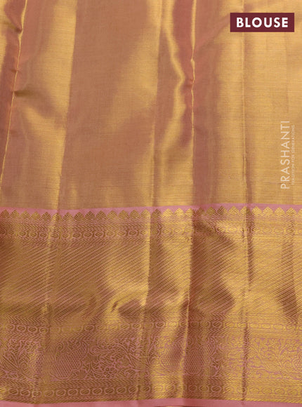 Pure kanchipuram tissue silk saree dual shade of peach with allover zari woven brocade weaves and rich zari woven border