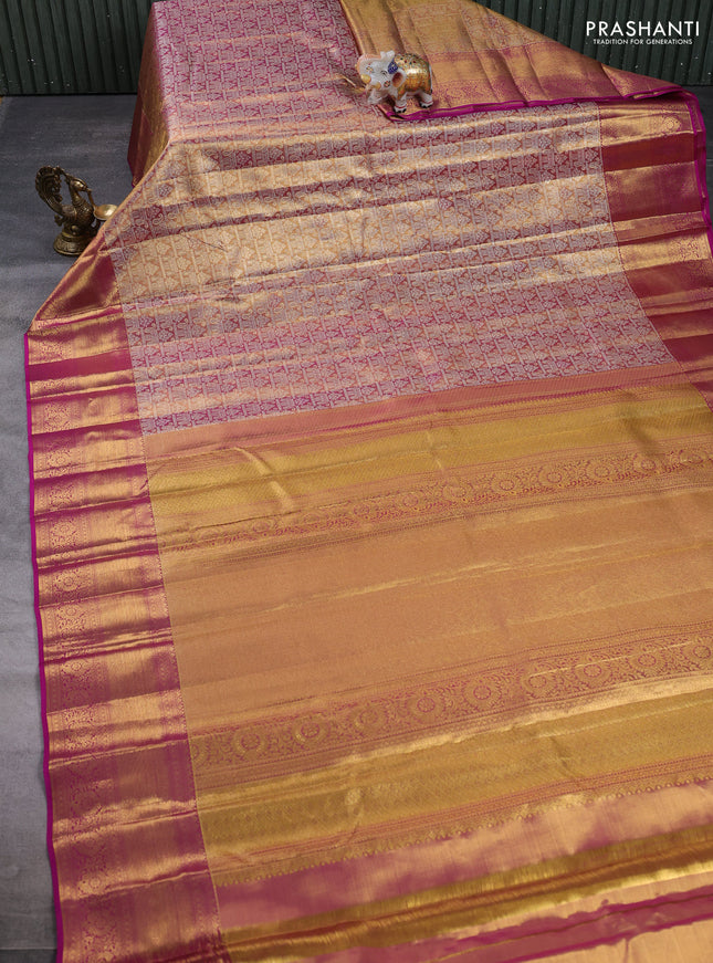 Pure kanchipuram tissue silk saree dual shade of golden pink and magenta pink with allover zari woven brocade weaves and rich zari woven border