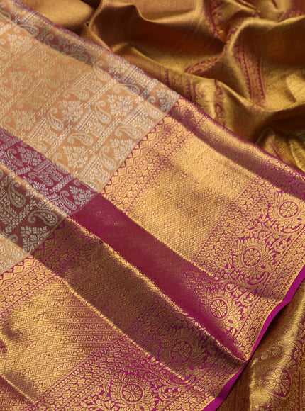 Pure kanchipuram tissue silk saree dual shade of golden pink and magenta pink with allover zari woven brocade weaves and rich zari woven border