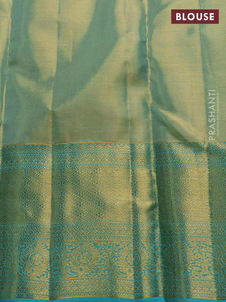 Pure kanchipuram tissue silk saree dual shade of teal and teal blue with allover zari woven brocade weaves and rich zari woven border
