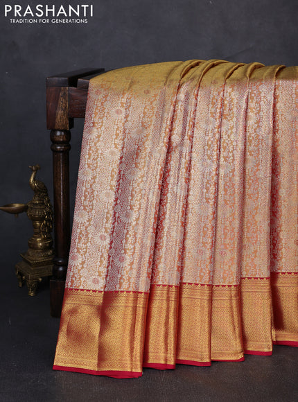 Pure kanchipuram tissue silk saree dual shade of golden pink and maroon with allover zari woven brocade weaves and rich zari woven border
