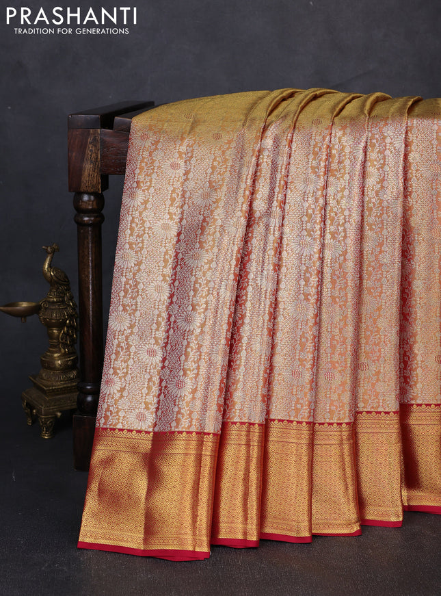 Pure kanchipuram tissue silk saree dual shade of golden pink and maroon with allover zari woven brocade weaves and rich zari woven border