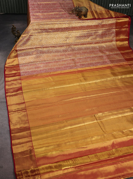 Pure kanchipuram tissue silk saree dual shade of golden pink and maroon with allover zari woven brocade weaves and rich zari woven border