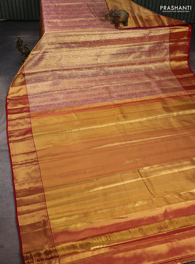 Pure kanchipuram tissue silk saree dual shade of golden pink and maroon with allover zari woven brocade weaves and rich zari woven border