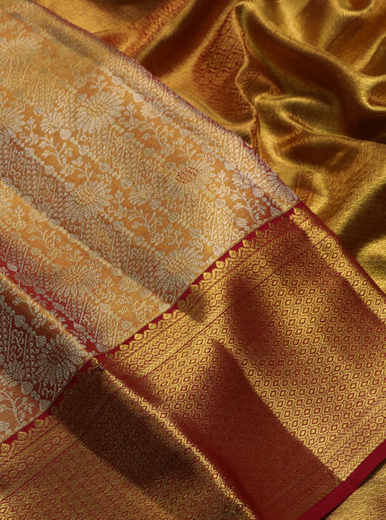 Pure kanchipuram tissue silk saree dual shade of golden pink and maroon with allover zari woven brocade weaves and rich zari woven border