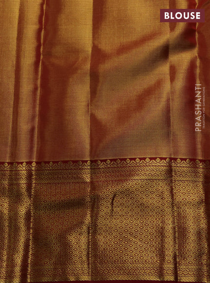Pure kanchipuram tissue silk saree dual shade of golden pink and maroon with allover zari woven brocade weaves and rich zari woven border