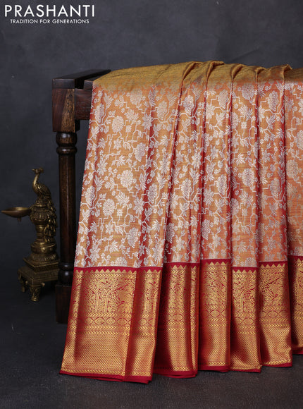 Pure kanchipuram tissue silk saree golden maroon and maroon with allover zari woven brocade weaves and rich zari woven border