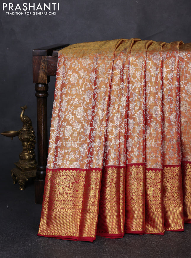 Pure kanchipuram tissue silk saree golden maroon and maroon with allover zari woven brocade weaves and rich zari woven border