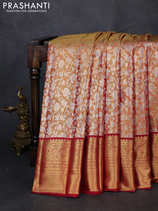 Pure kanchipuram tissue silk saree golden maroon and maroon with allover zari woven brocade weaves and rich zari woven border