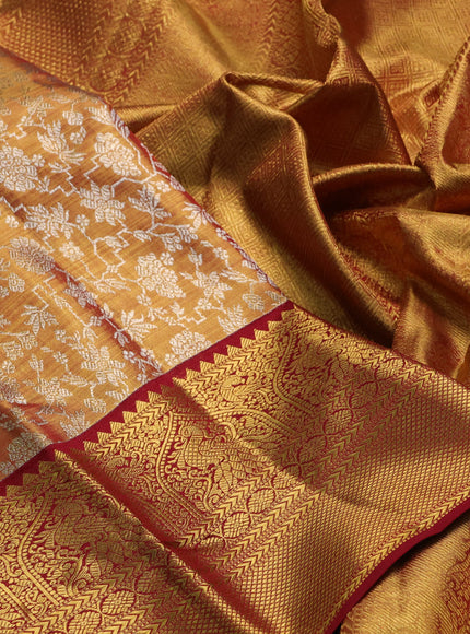 Pure kanchipuram tissue silk saree golden maroon and maroon with allover zari woven brocade weaves and rich zari woven border