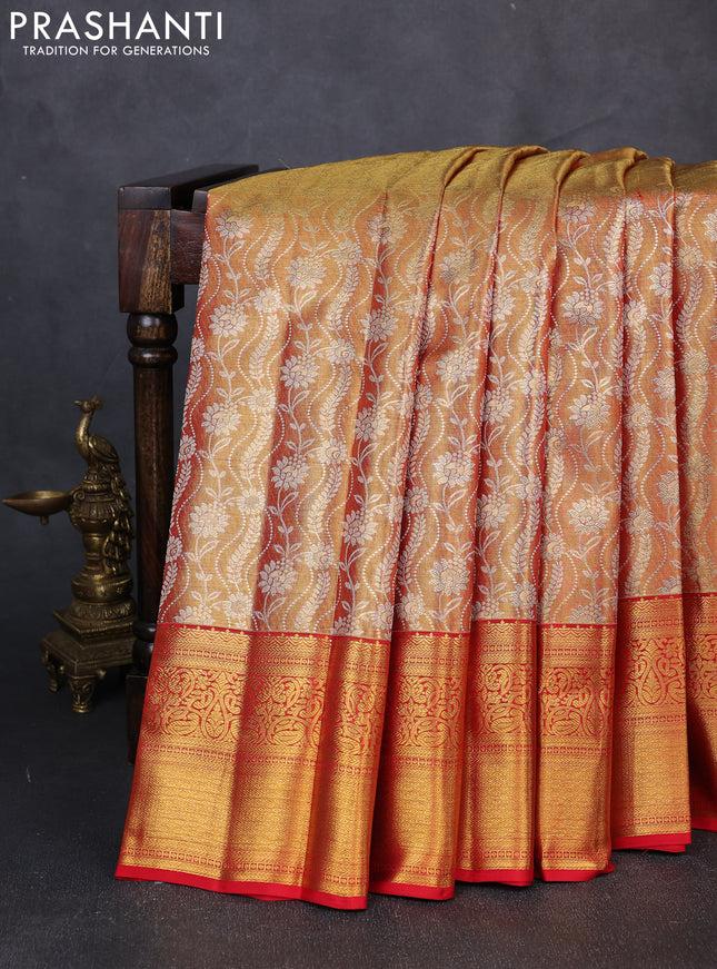 Pure kanchipuram tissue silk saree gold and red with allover zari woven brocade weaves and rich zari woven border