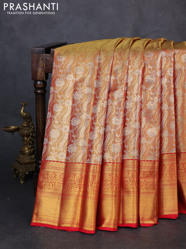 Pure kanchipuram tissue silk saree gold and red with allover zari woven brocade weaves and rich zari woven border