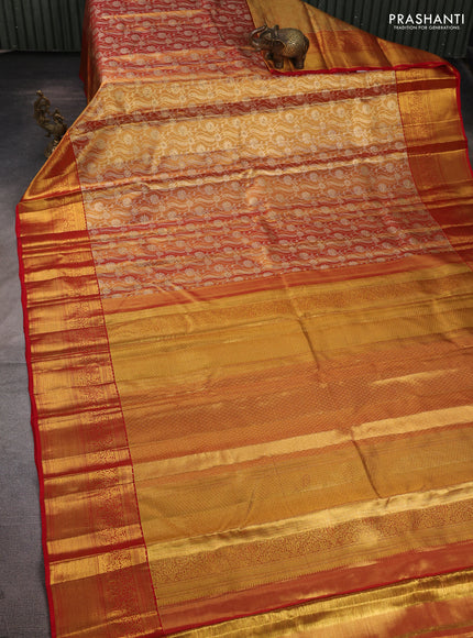 Pure kanchipuram tissue silk saree gold and red with allover zari woven brocade weaves and rich zari woven border