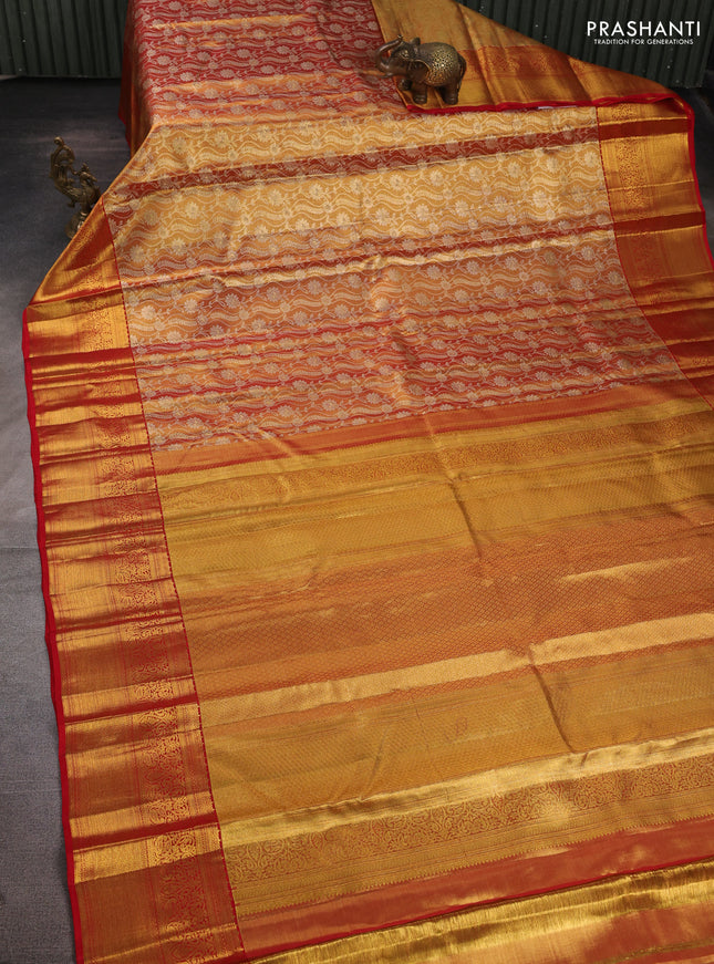 Pure kanchipuram tissue silk saree gold and red with allover zari woven brocade weaves and rich zari woven border