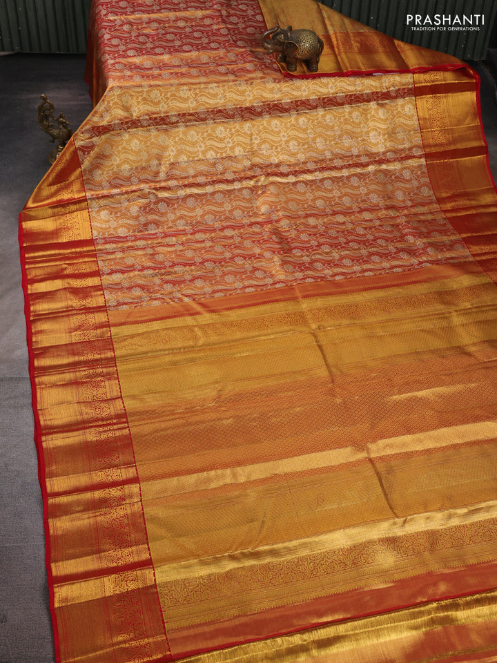 Pure kanchipuram tissue silk saree gold and red with allover zari woven brocade weaves and rich zari woven border