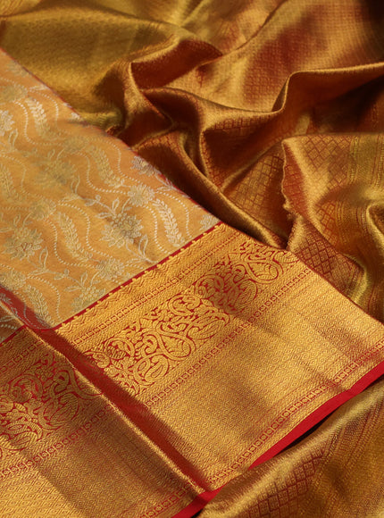 Pure kanchipuram tissue silk saree gold and red with allover zari woven brocade weaves and rich zari woven border