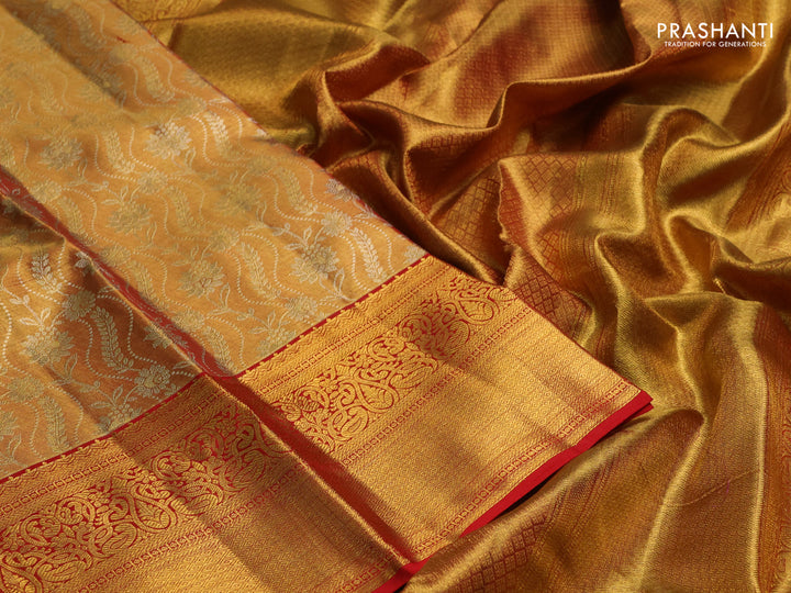 Pure kanchipuram tissue silk saree gold and red with allover zari woven brocade weaves and rich zari woven border