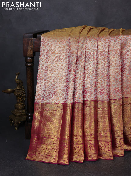 Pure kanchipuram tissue silk saree dual shade of gold and wine shade with allover zari woven brocade weaves and long rich zari woven border