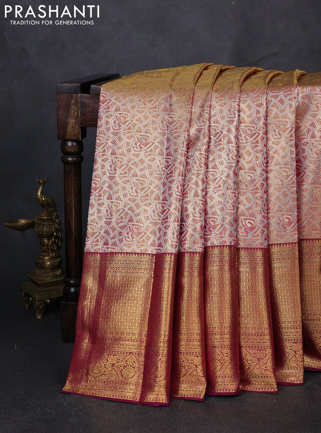 Pure kanchipuram tissue silk saree dual shade of gold and wine shade with allover zari woven brocade weaves and long rich zari woven border