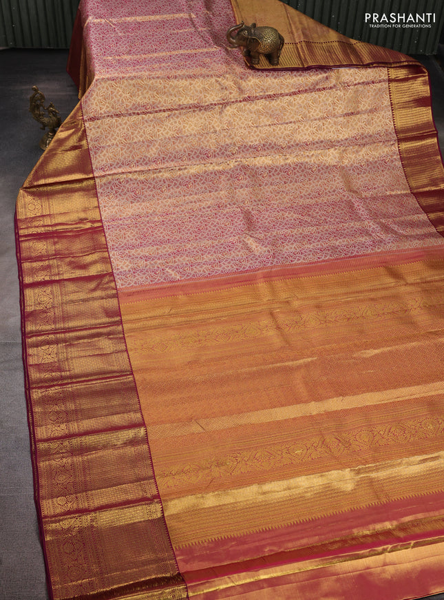 Pure kanchipuram tissue silk saree dual shade of gold and wine shade with allover zari woven brocade weaves and long rich zari woven border