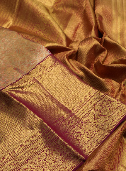 Pure kanchipuram tissue silk saree dual shade of gold and wine shade with allover zari woven brocade weaves and long rich zari woven border