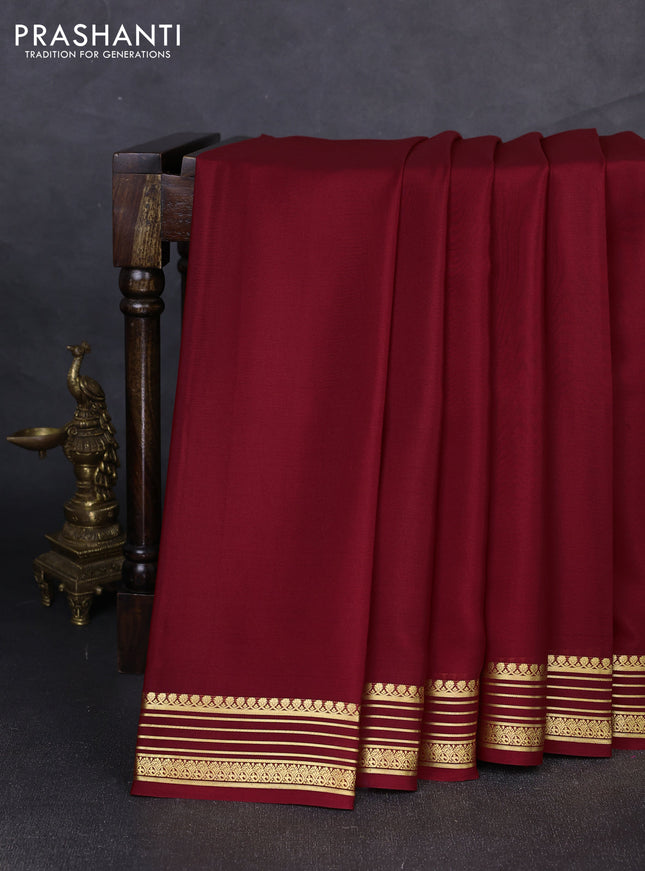 Pure mysore silk saree deep maroon with plain body and zari woven border