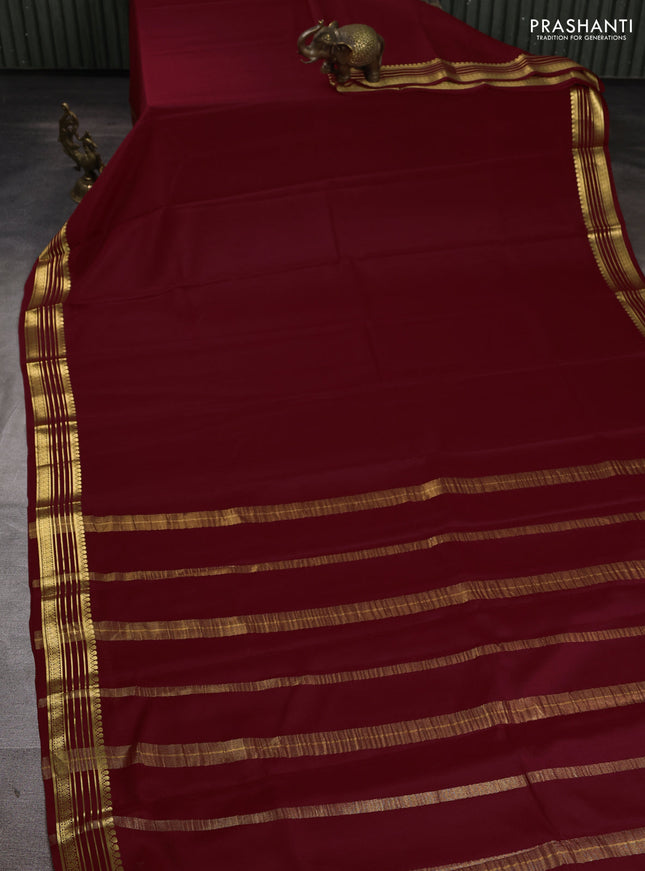 Pure mysore silk saree deep maroon with plain body and zari woven border
