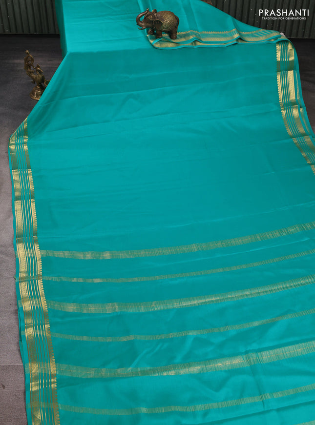 Pure mysore silk saree teal blue with plain body and zari woven border