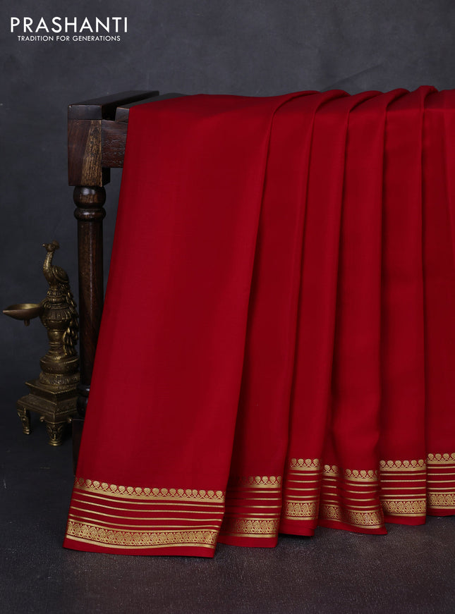 Pure mysore silk saree red with plain body and zari woven border