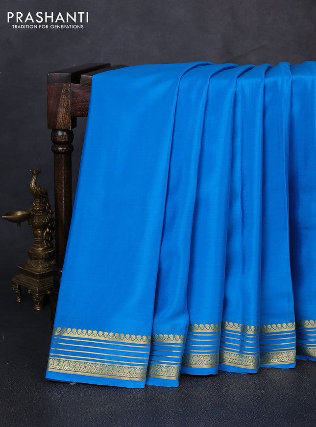 Pure mysore silk saree cs blue with plain body and zari woven border