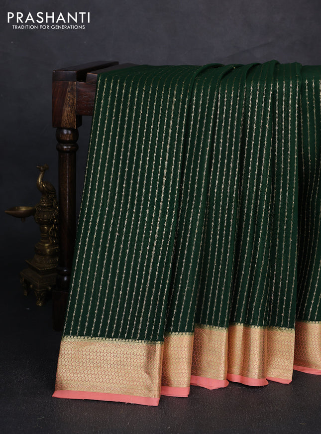 Pure mysore silk saree bottle green and peach shade with allover zari stripe pattern and zari woven border