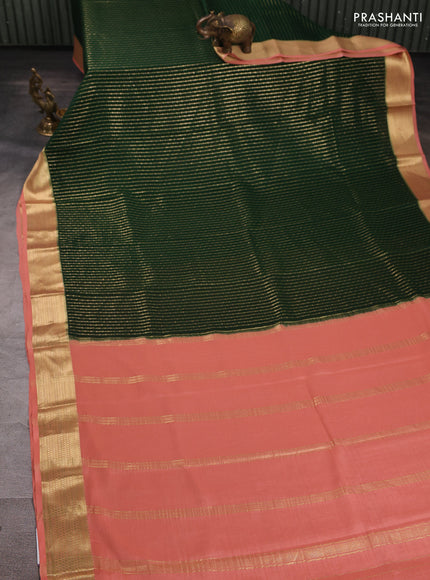 Pure mysore silk saree bottle green and peach shade with allover zari stripe pattern and zari woven border