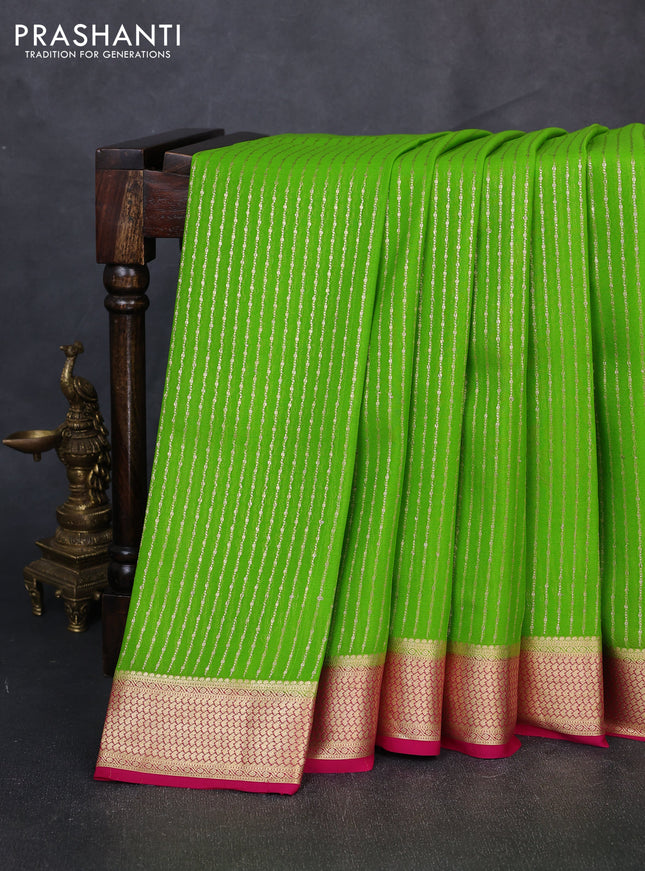 Pure mysore silk saree light green and pink with allover zari stripe pattern and zari woven border