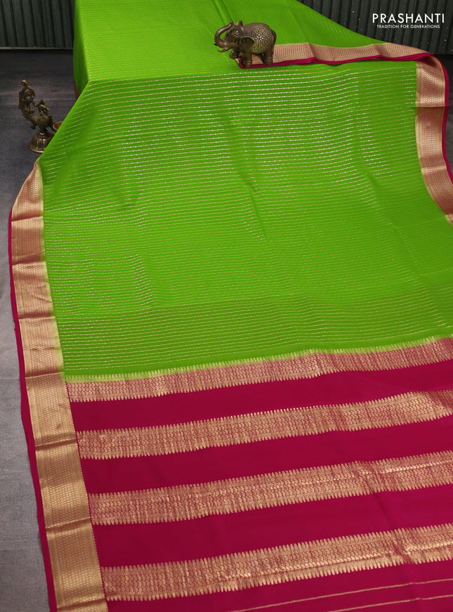 Pure mysore silk saree light green and pink with allover zari stripe pattern and zari woven border