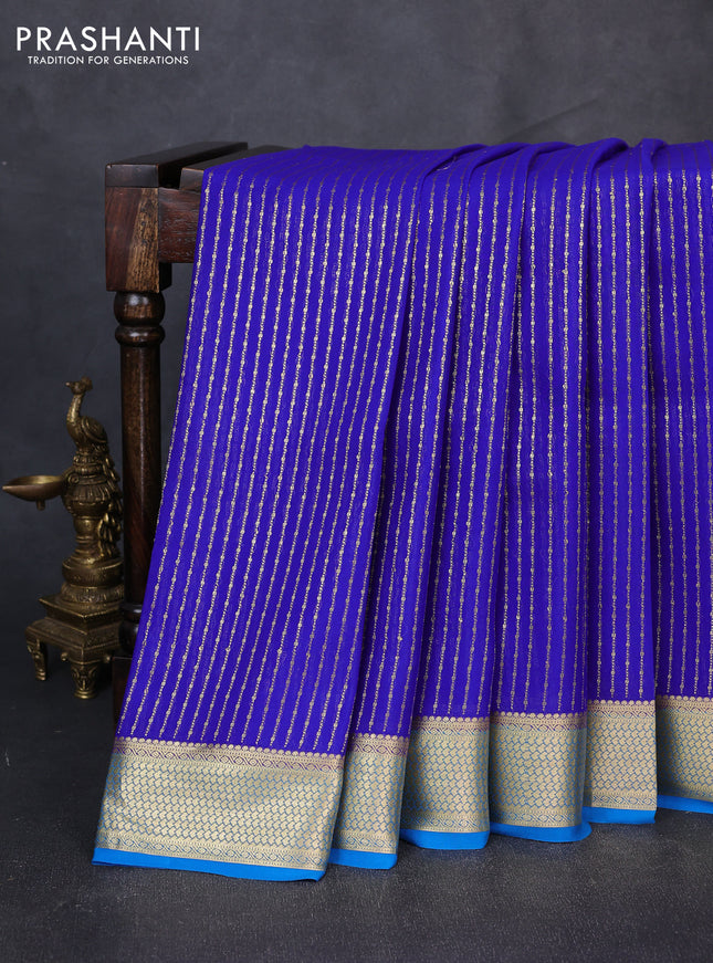 Pure mysore silk saree royal blue and cs blue with allover zari stripe pattern and zari woven border