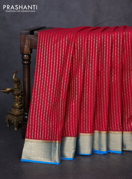 Pure mysore silk saree tomato pink and cs blue with allover zari stripe pattern and zari woven border