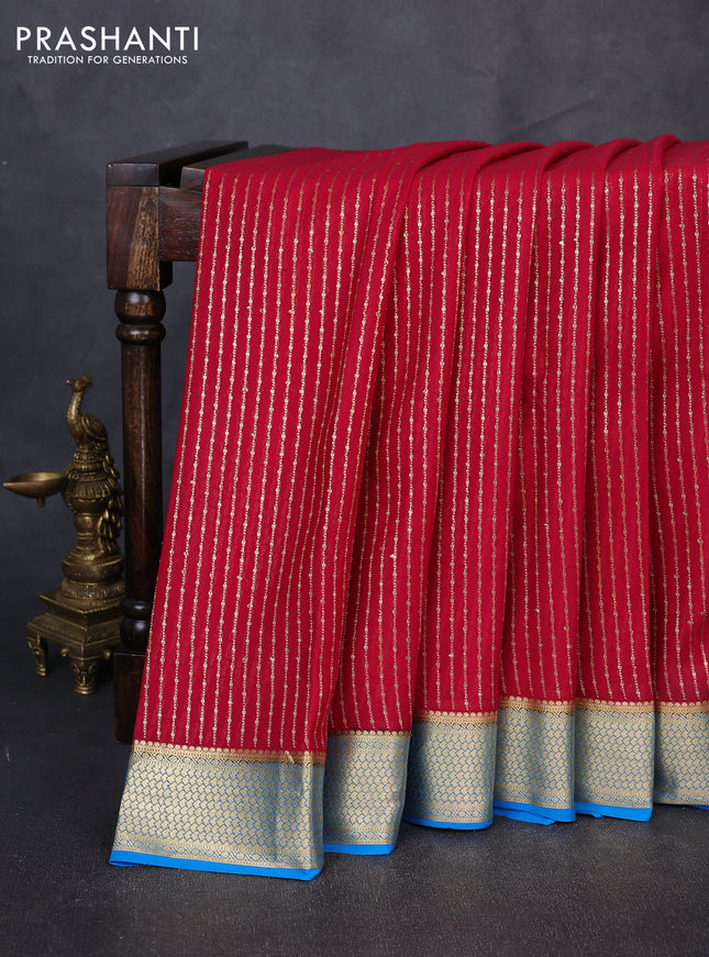 Pure mysore silk saree tomato pink and cs blue with allover zari stripe pattern and zari woven border