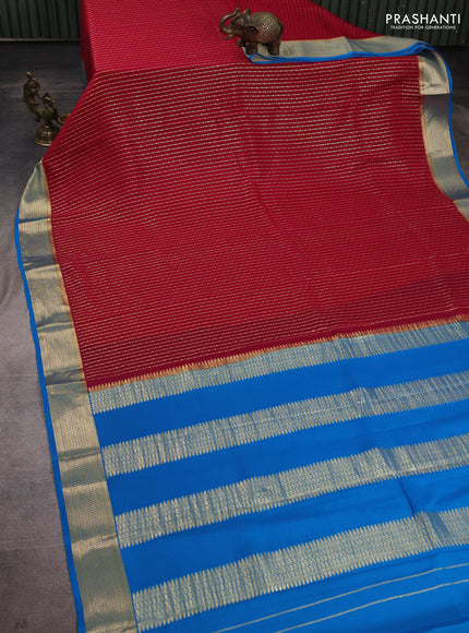 Pure mysore silk saree tomato pink and cs blue with allover zari stripe pattern and zari woven border