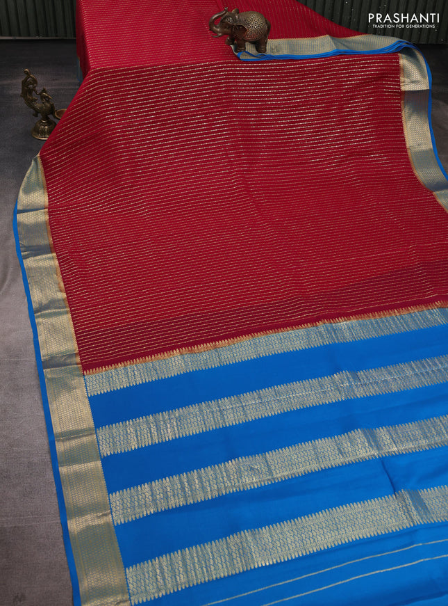 Pure mysore silk saree tomato pink and cs blue with allover zari stripe pattern and zari woven border