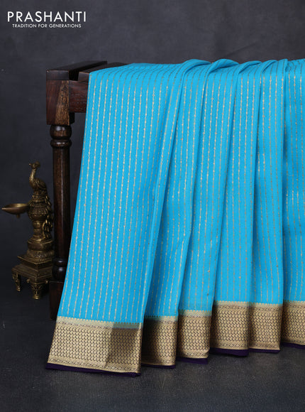 Pure mysore silk saree cs blue and deep violet with allover zari stripe pattern and zari woven border