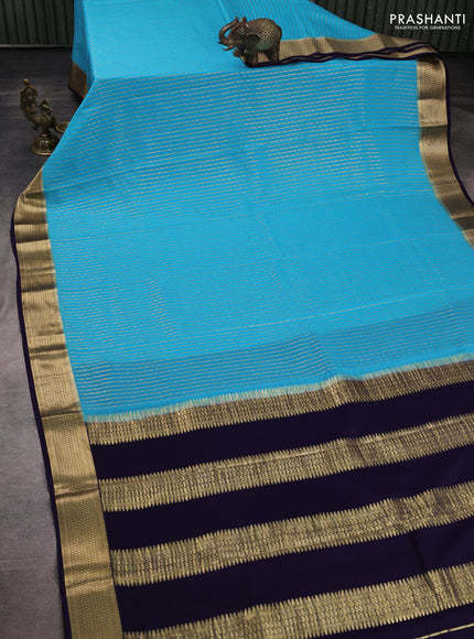 Pure mysore silk saree cs blue and deep violet with allover zari stripe pattern and zari woven border