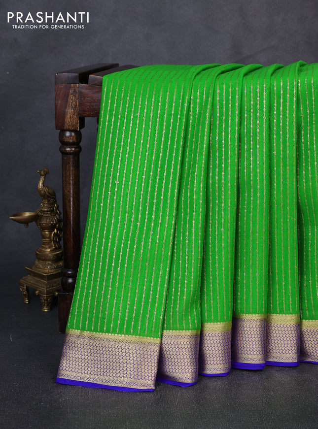 Pure mysore silk saree light green and royal blue with allover zari stripe pattern and zari woven border