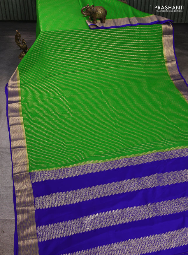Pure mysore silk saree light green and royal blue with allover zari stripe pattern and zari woven border