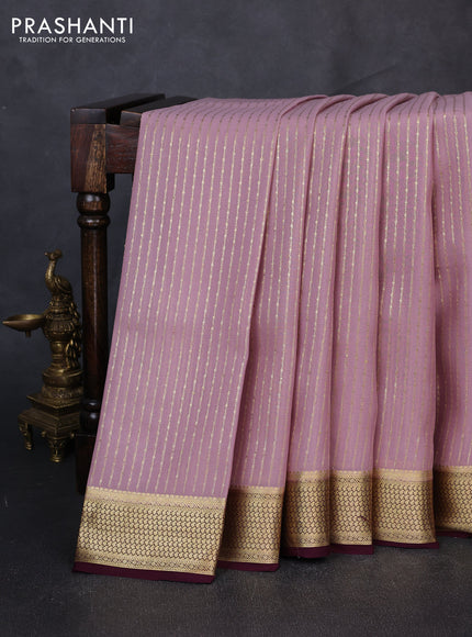 Pure mysore silk saree pastel pink and deep wine with allover zari stripe pattern and zari woven border